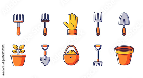 Collection of gardening tools isolated on white background with cartoon design