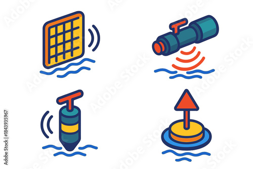 Noise Mitigation Icons. Isometric vector illustration set Noise Mitigation Technologies: Acoustic dampening net, time-controlled