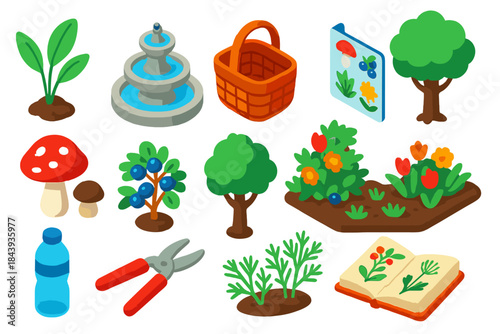 Urban Foraging Icons. Isometric vector illustration set Urban Foraging: wild edible plant, city park fountain, hand basket,