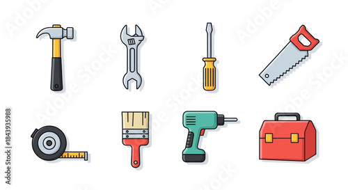 Collection of hand tools hammer wrench screwdriver saw brush drill toolbox