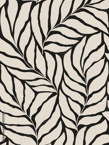 Seamless abstract black and grey foliage poster vector. Leaves, organic shapes, earth tone colors, leaf branch. Illustration design for Eco packaging, interior, cover,  wallpaper, market. Monochrome