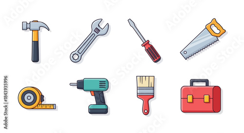 Collection of hand tools hammer wrench screwdriver saw drill brush