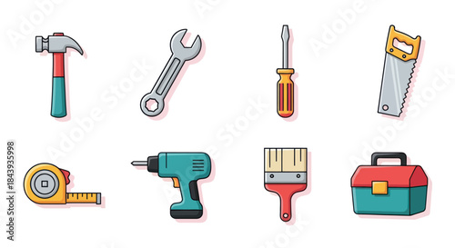 Collection of hand tools hammer wrench screwdriver saw toolbox vector illustration