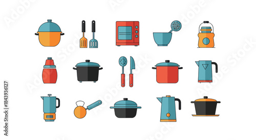 Collection of kitchen utensils and cookware icons on white background