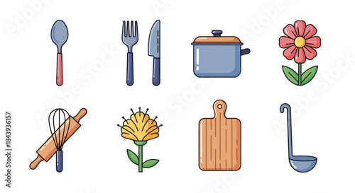 Collection of kitchen utensils and flower illustrations on a white background