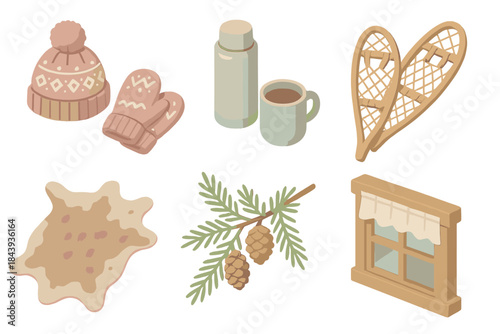 Nordic Winter Essentials. Isometric vector illustration set of Nordic Winter Lifestyle: wool hat and mittens, thermos with tea,