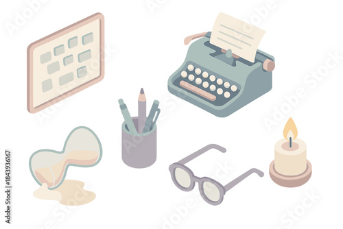 Creative Writing Tools. Isometric vector illustration set of Creative Writing Tools: magnet board with phrases, typewriter with