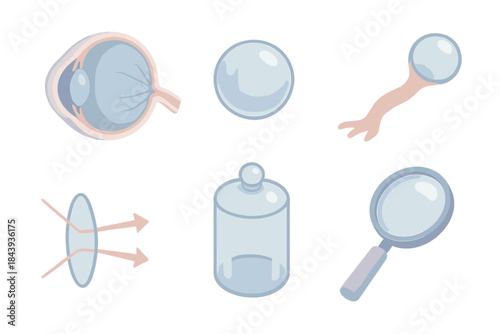 Anatomical Glass Studies Icons. Isometric vector illustration set of Anatomical Glass Studies: human eye cross-section, crystal