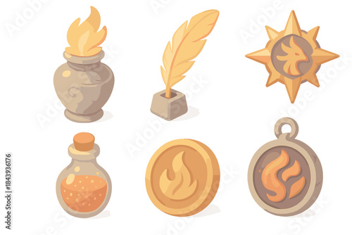 Elemental Phoenix Relics. Isometric vector illustration set of Elemental Phoenix Relics: ash urn, golden feather quill, radiant