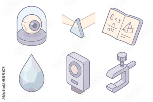 Vitreous Lab Icons. Isometric vector illustration set of Vitreous Laboratory Scene: glass dome with eye specimen, refracting beam,