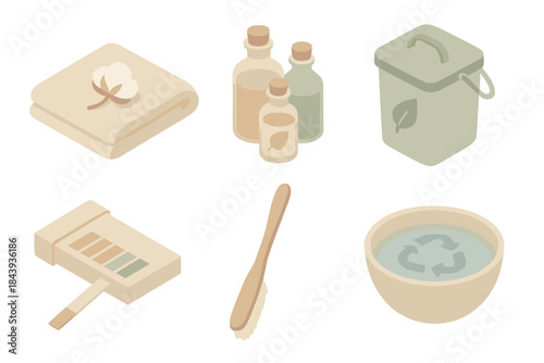 Eco Textile Lab Icons. Isometric vector illustration set of Eco Textile Lab: organic cotton cloth, plant dye bottles, compost bin,