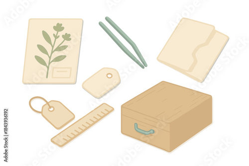 Herbarium Tools Set. Isometric vector illustration set of Herbarium Collection Tools: labeled plant specimen, tweezers, parchment