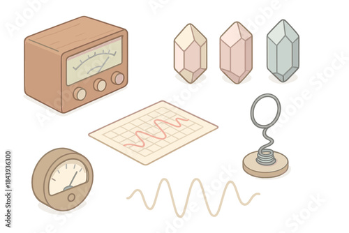 Ether Radio Components. Isometric vector illustration set Ether Signal Archive: wooden radio board, labeled crystals, paper