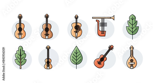 Collection of musical instruments and leaves icons on white background