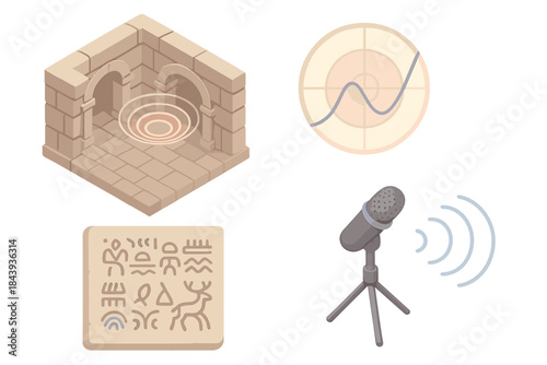 Archaeoacoustics Chamber Design. Isometric vector illustration set Archaeoacoustics Chamber: ancient stone hall, resonance diagram