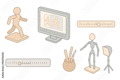 Clay Animation Toolkit. Isometric vector illustration set Artisan Animation Setup: clay figure in motion, onion-skin frames on