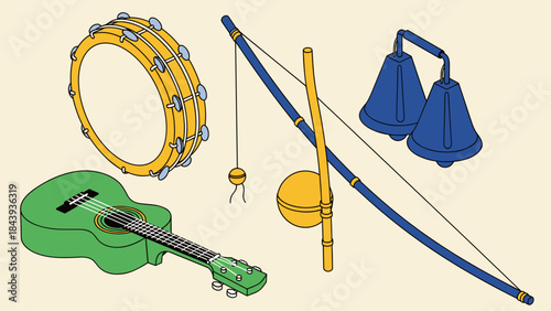 Traditional Brazilian carnival musical instruments set for samba music illustration and cultural education