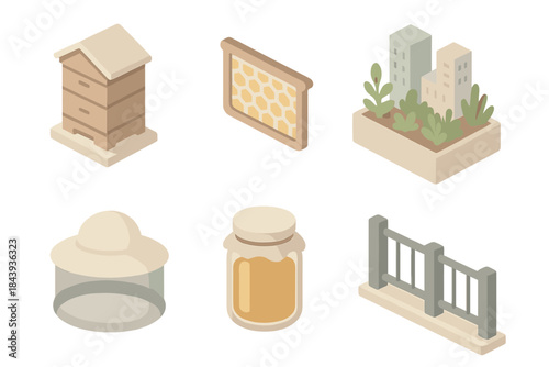 Rooftop Bee Oasis. Isometric vector illustration set Rooftop Hive Metropolis: urban beehive box, honeycomb frame, skyline garden,