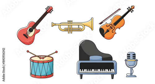 Collection of musical instruments guitar trumpet violin drum piano microphone