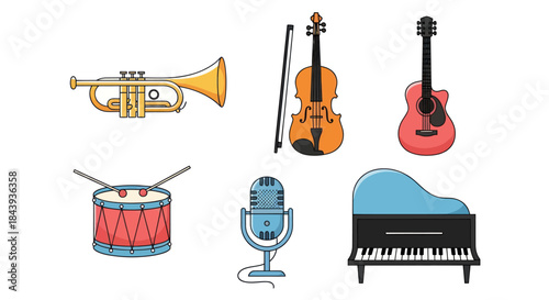 Collection of musical instruments illustrations for design and background