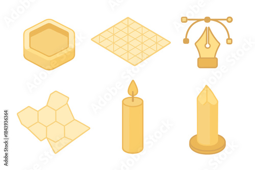 Geometric Honey Icons. Isometric vector illustration set Geometric Honey Studio: wax mold, triangle grid paper, pen tool, folding