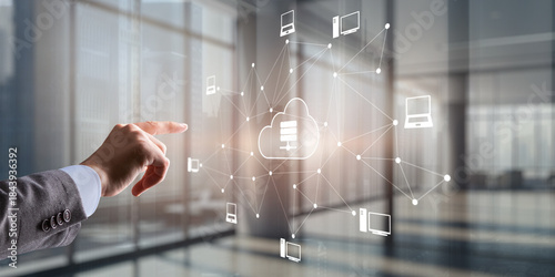 Digital technology data exchange cloud computing global business concept. Cloud computing on a virtual screen