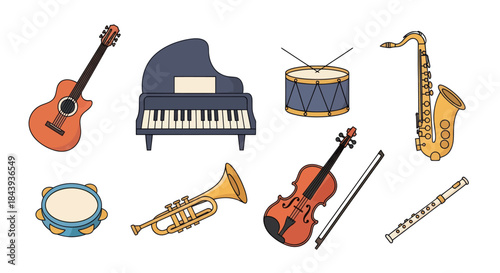 Collection of musical instruments isolated on white background flat design