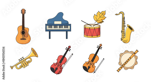 Collection of musical instruments isolated on white background flat design