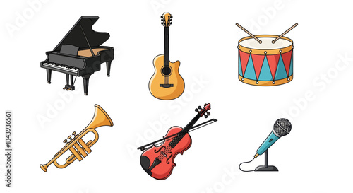Collection of musical instruments isolated on white background for design projects