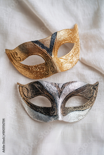 Two glittering carnival masks crossed on white textured backdrop