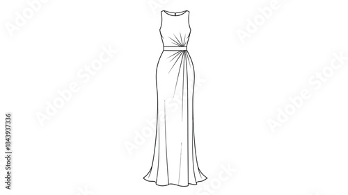 A simple black and white fashion sketch of a long elegant sleeveless dress with a tied waist