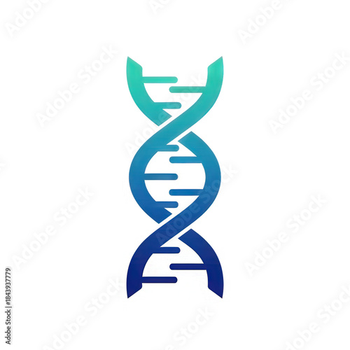 A gradient blue DNA double helix model stands vertically