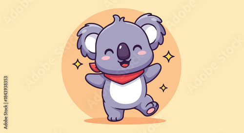 Cartoon koala bear smiling and waving with joyful expressions on yellow background