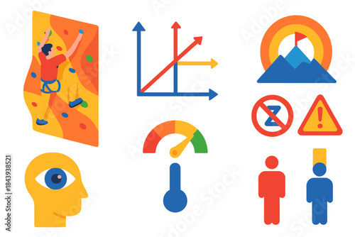 Optimal Challenge Isometric. Isometric vector illustration set Psychology of optimal challenge: rock climber in flow, skill-task