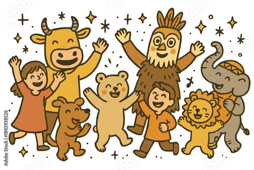 Cheerful Doodle Ceremony. Joyful doodle ceremonial animal practices with happy villagers, cartoon masks and costumes with faces,