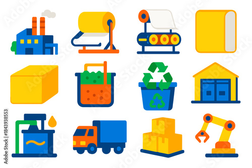 Modern Paper Icons. Flat vector icons of modern paper industry: pulp factory, paper machine roller, conveyor belt, giant ream,