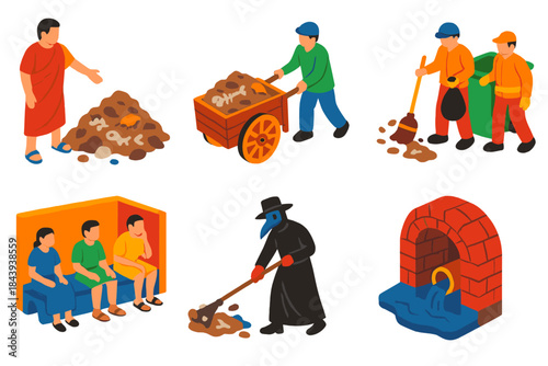Historic Waste Evolution. Isometric vector illustration set History of waste management: ancient Roman landfills, garbage carts,