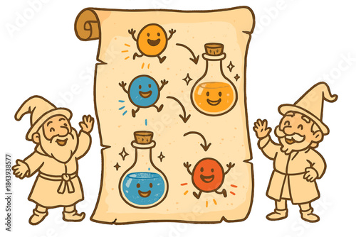 Cheerful Alchemists' Recipe. Playful doodle pigment recipe scroll with cheerful alchemists, cartoon pigments jumping onto