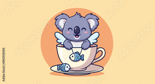 Cartoon koala with angel wings in a teacup cheerful and whimsical