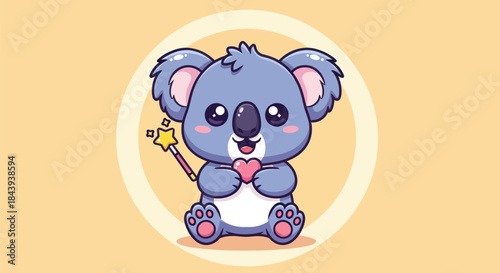 Cartoon koala with heart and wand illustration on isolated beige background