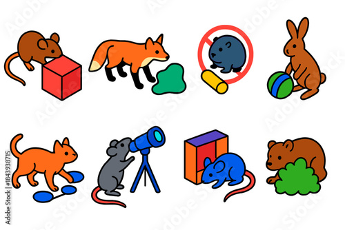 Mammal Curiosity Exploration. Isometric vector illustration set Information-seeking behavior: mammals exploring novel items,