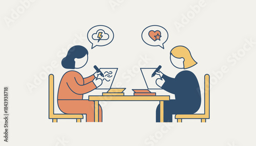 An illustration of a couple writing down their grievances and positive attributes about each other on separate pieces of paper.