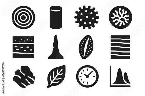 Solid Proxy Data Icons. Solid style icons of proxy data: tree ring section, sediment core tube, pollen grain, coral slice, peat