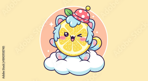 Cartoon lemon character on cloud with whimsical elements and decorative details