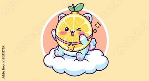 Cartoon lemon character smiling and winking on a cloud vector illustration