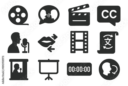 Dubbing Film Icons. Solid style icons of dubbing foreign films: movie reel, synchronized speech bubble, clapperboard, subtitle