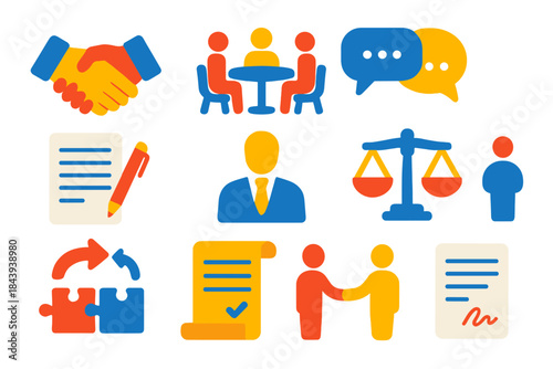 Negotiation Icons Set. Flat vector icons of negotiation basics: handshake, negotiation table, speech bubble exchange, contract