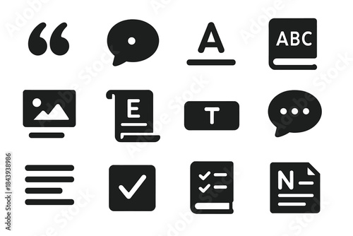 Grammar Icon Set. Solid style icons of defining usage: quotation marks, context bubble, word in sentence, grammar book,