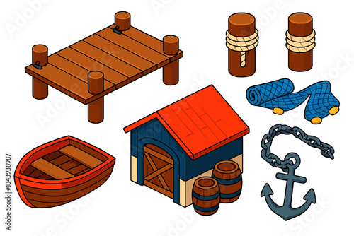 Traditional Harbor Elements. Isometric vector illustration set Traditional Harbors: wooden pier, mooring posts, dock warehouse,