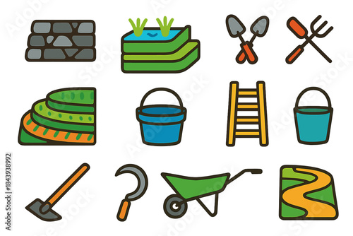 Terraced Farming Icons. Flat vector icons of terraced agriculture: stone terrace wall, rice paddy, irrigation canal, farming tools